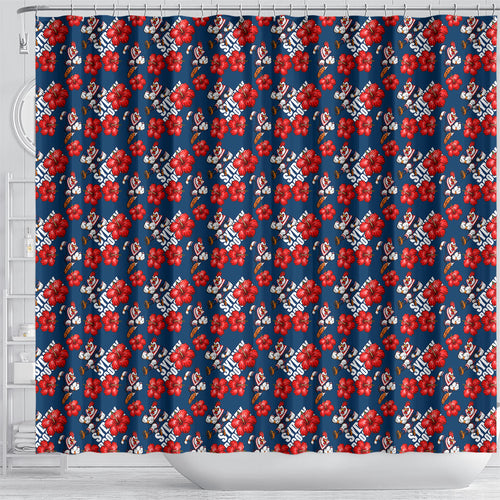 Sydney Roosters Shower Curtain Tropical Hibiscus Floral Seamless Rugby Mascot