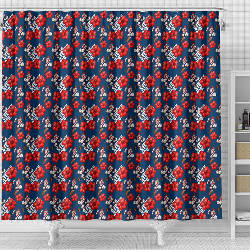 Sydney Roosters Shower Curtain Tropical Hibiscus Floral Seamless Rugby Mascot
