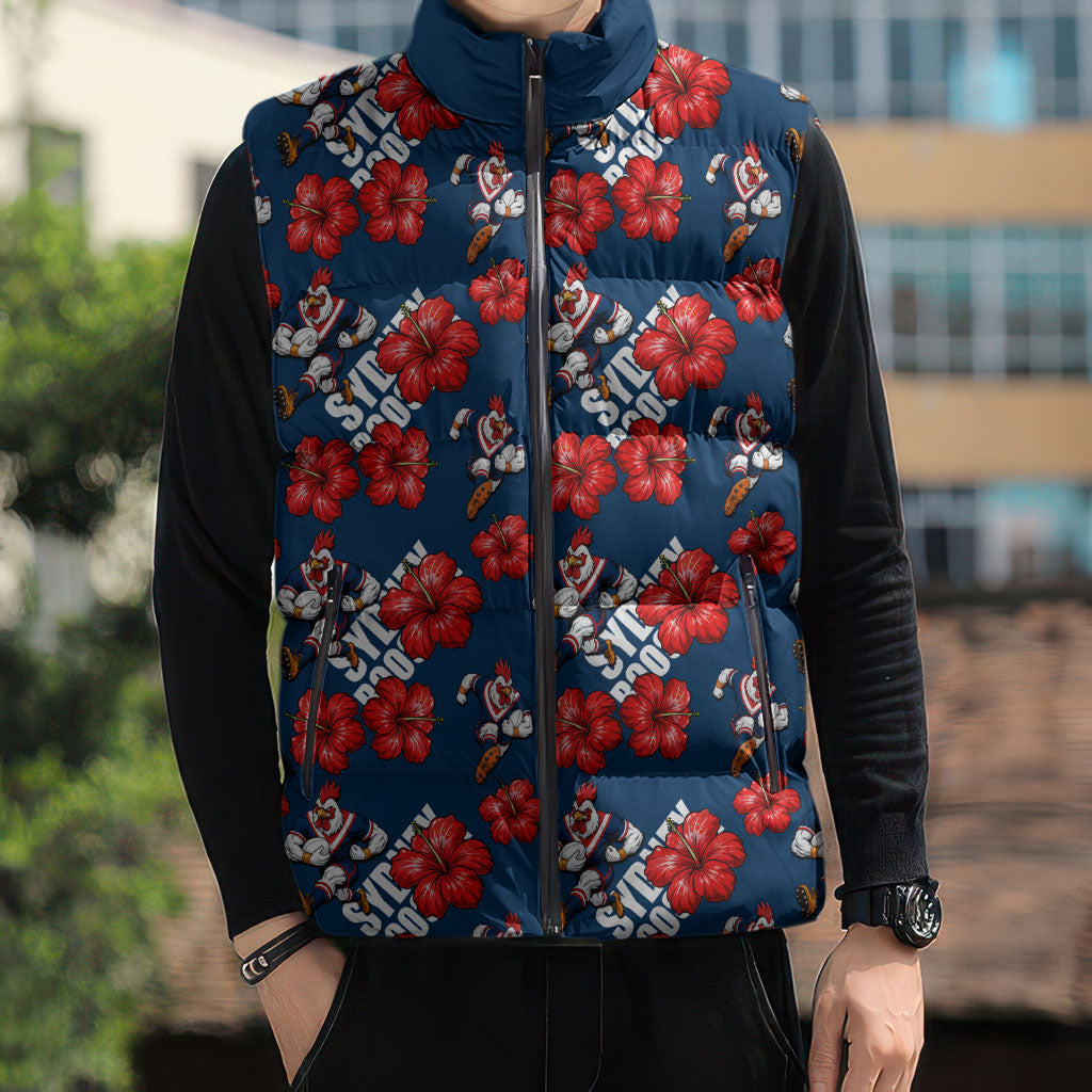 Sydney Roosters Sleeveless Puffer Jacket Tropical Hibiscus Floral Seamless Rugby Mascot