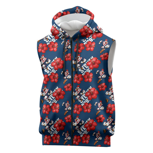Sydney Roosters Sleeveless Zip Hoodie Tropical Hibiscus Floral Seamless Rugby Mascot