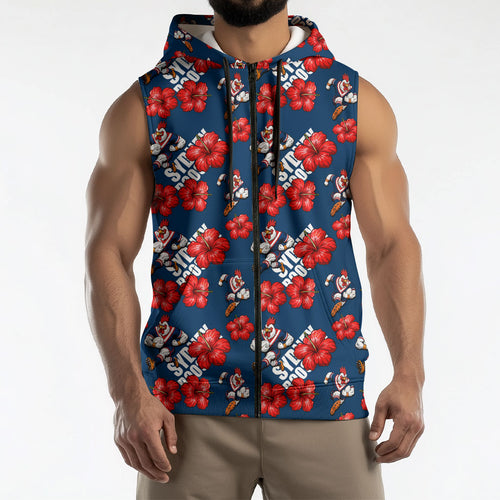Sydney Roosters Sleeveless Zip Hoodie Tropical Hibiscus Floral Seamless Rugby Mascot