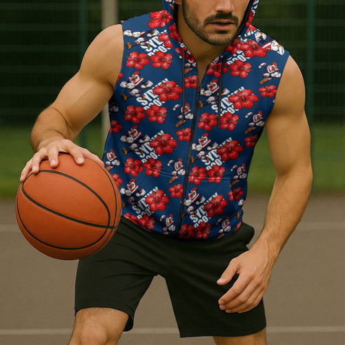 Sydney Roosters Sleeveless Zip Hoodie Tropical Hibiscus Floral Seamless Rugby Mascot