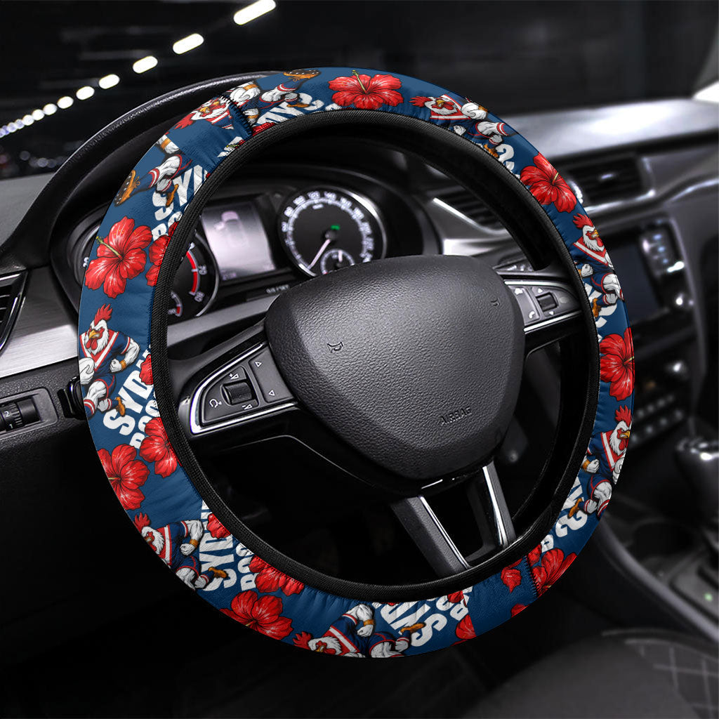 Sydney Roosters Steering Wheel Cover Tropical Hibiscus Floral Seamless Rugby Mascot