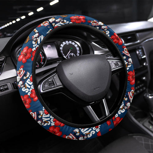 Sydney Roosters Steering Wheel Cover Tropical Hibiscus Floral Seamless Rugby Mascot
