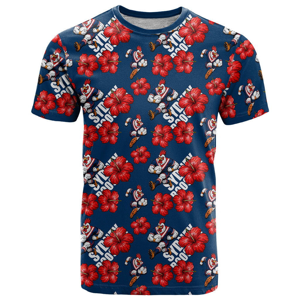 Sydney Roosters T Shirt Tropical Hibiscus Floral Seamless Rugby Mascot