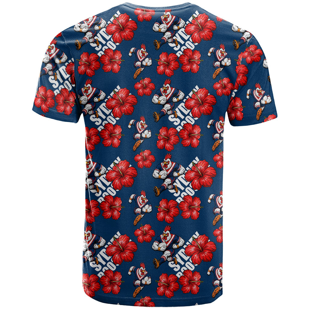 Sydney Roosters T Shirt Tropical Hibiscus Floral Seamless Rugby Mascot