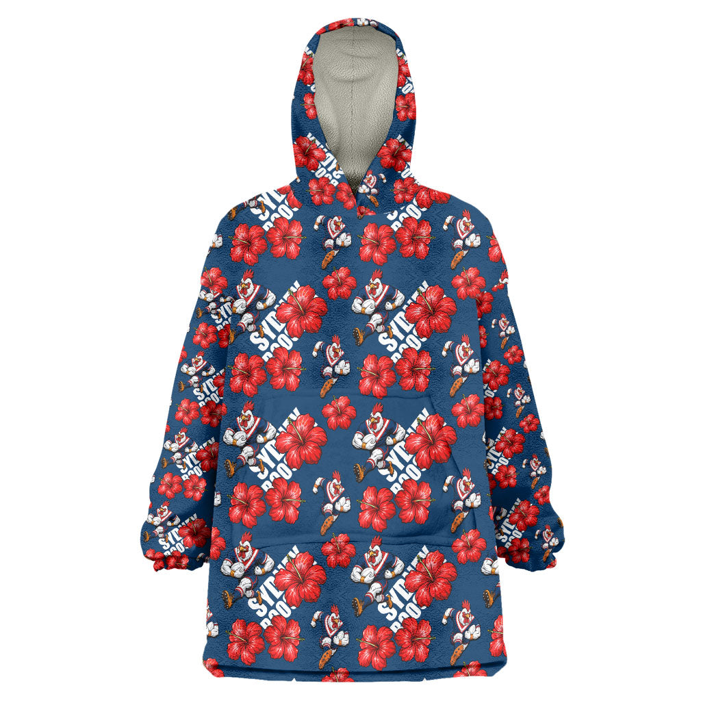 Sydney Roosters Wearable Blanket Hoodie Tropical Hibiscus Floral Seamless Rugby Mascot