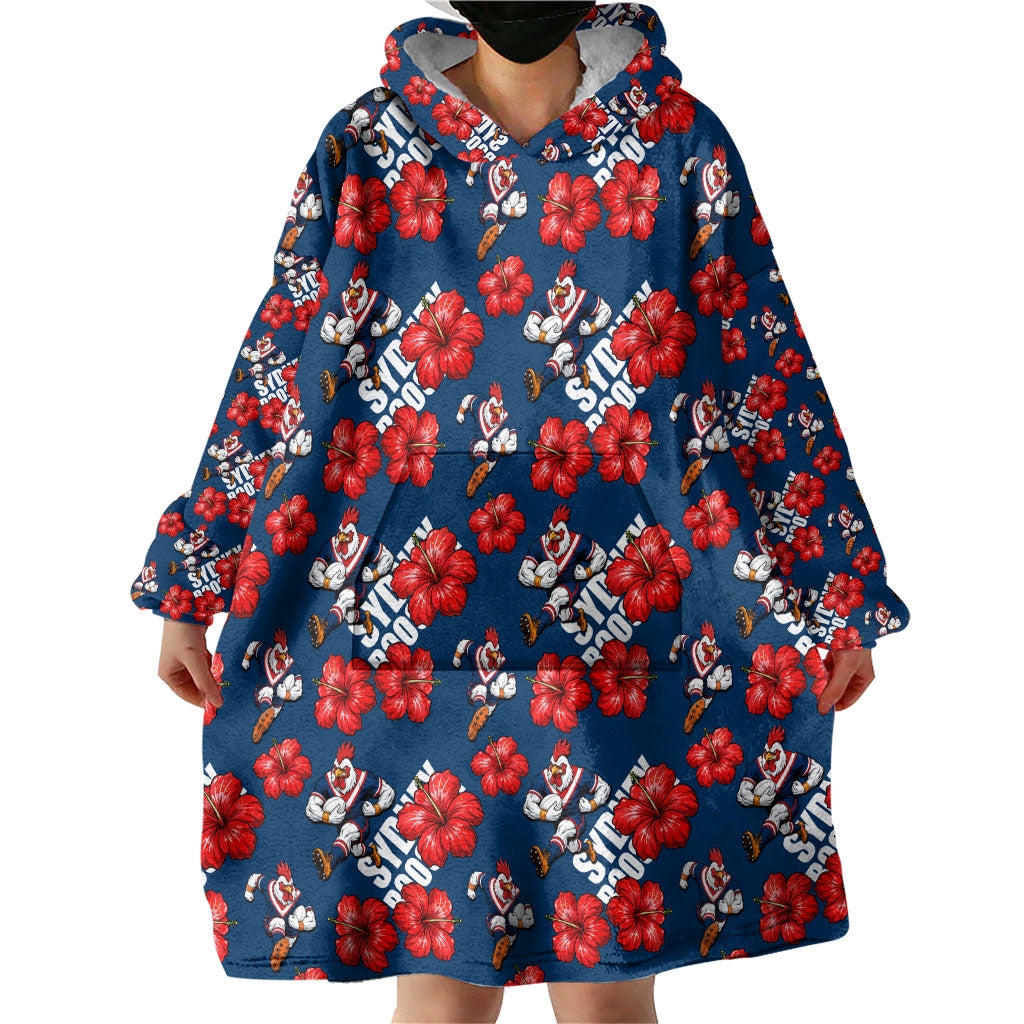 Sydney Roosters Wearable Blanket Hoodie Tropical Hibiscus Floral Seamless Rugby Mascot