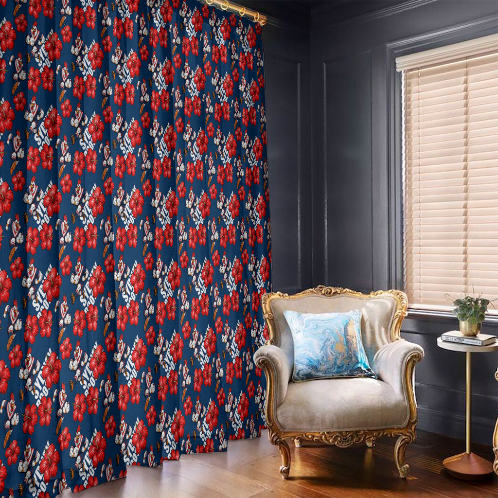 Sydney Roosters Window Curtain Tropical Hibiscus Floral Seamless Rugby Mascot