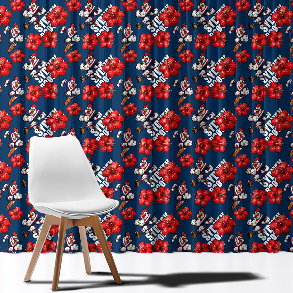 Sydney Roosters Window Curtain Tropical Hibiscus Floral Seamless Rugby Mascot
