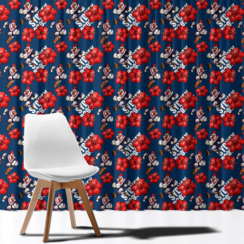 Sydney Roosters Window Curtain Tropical Hibiscus Floral Seamless Rugby Mascot