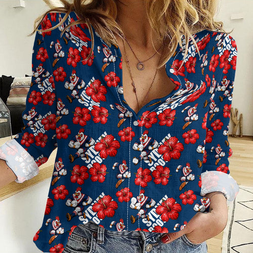 Sydney Roosters Women Casual Shirt Tropical Hibiscus Floral Seamless Rugby Mascot