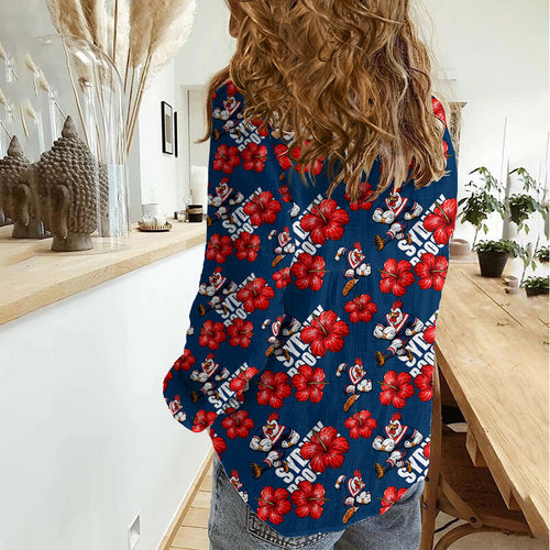 Sydney Roosters Women Casual Shirt Tropical Hibiscus Floral Seamless Rugby Mascot