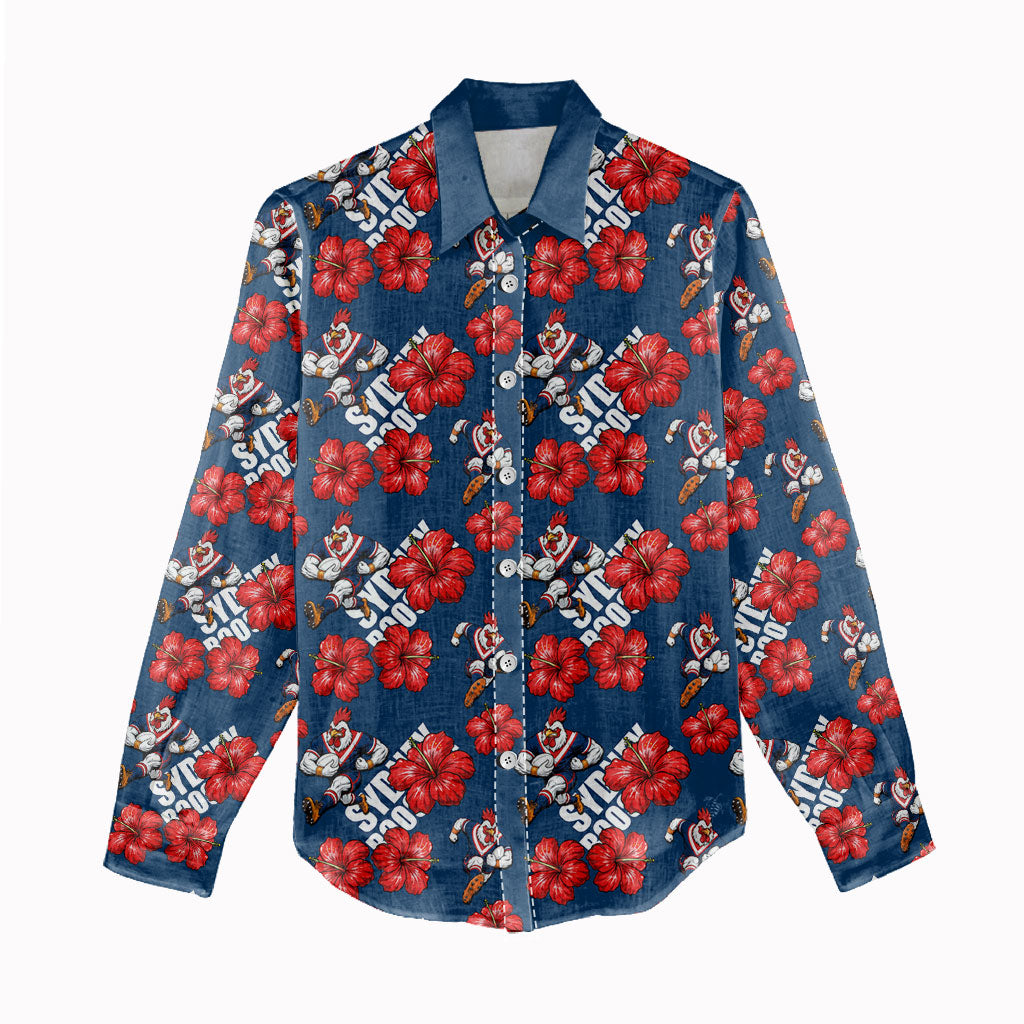 Sydney Roosters Women Casual Shirt Tropical Hibiscus Floral Seamless Rugby Mascot