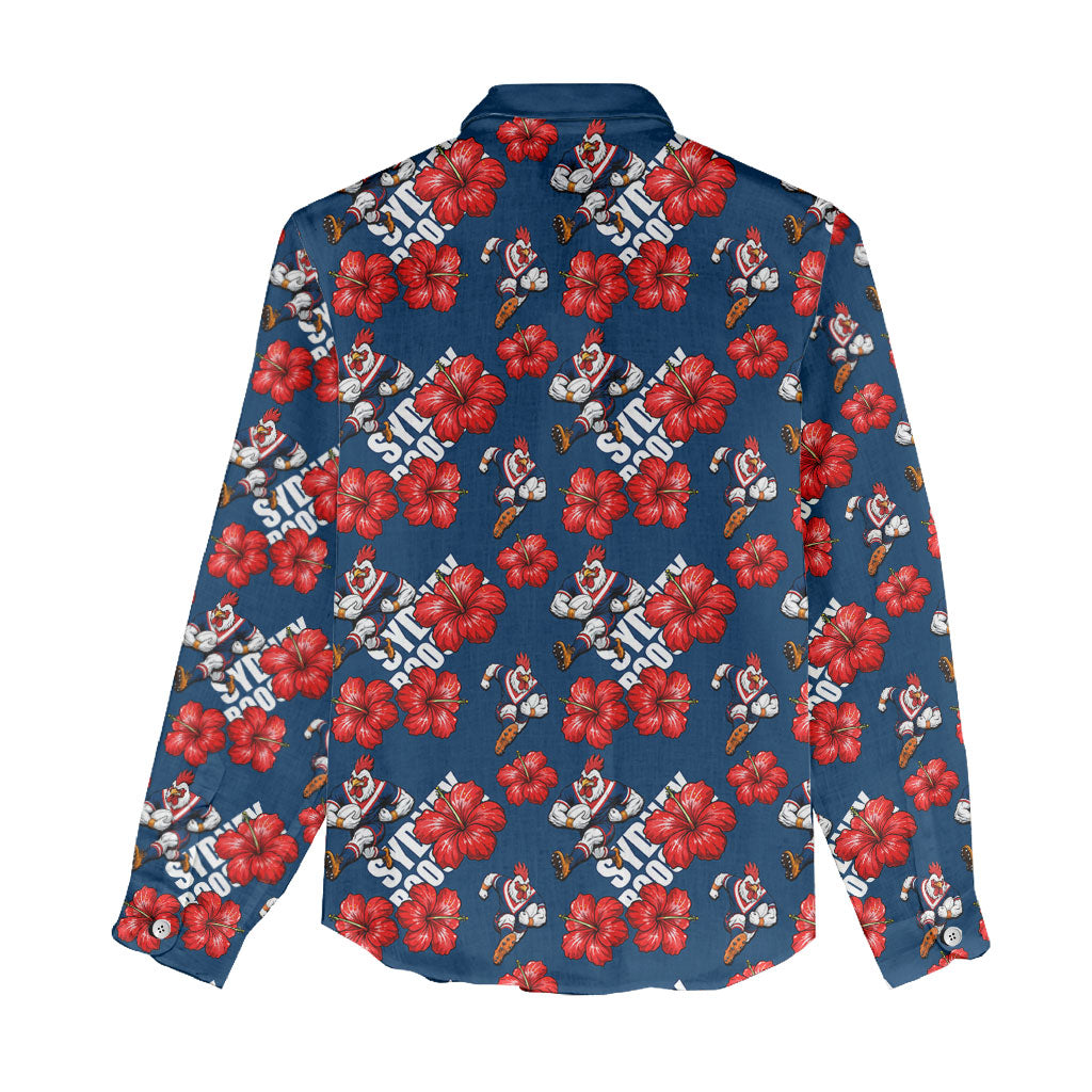 Sydney Roosters Women Casual Shirt Tropical Hibiscus Floral Seamless Rugby Mascot