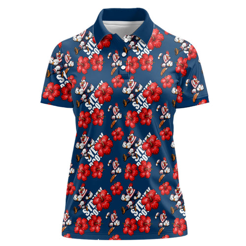 Sydney Roosters Women Polo Shirt Tropical Hibiscus Floral Seamless Rugby Mascot