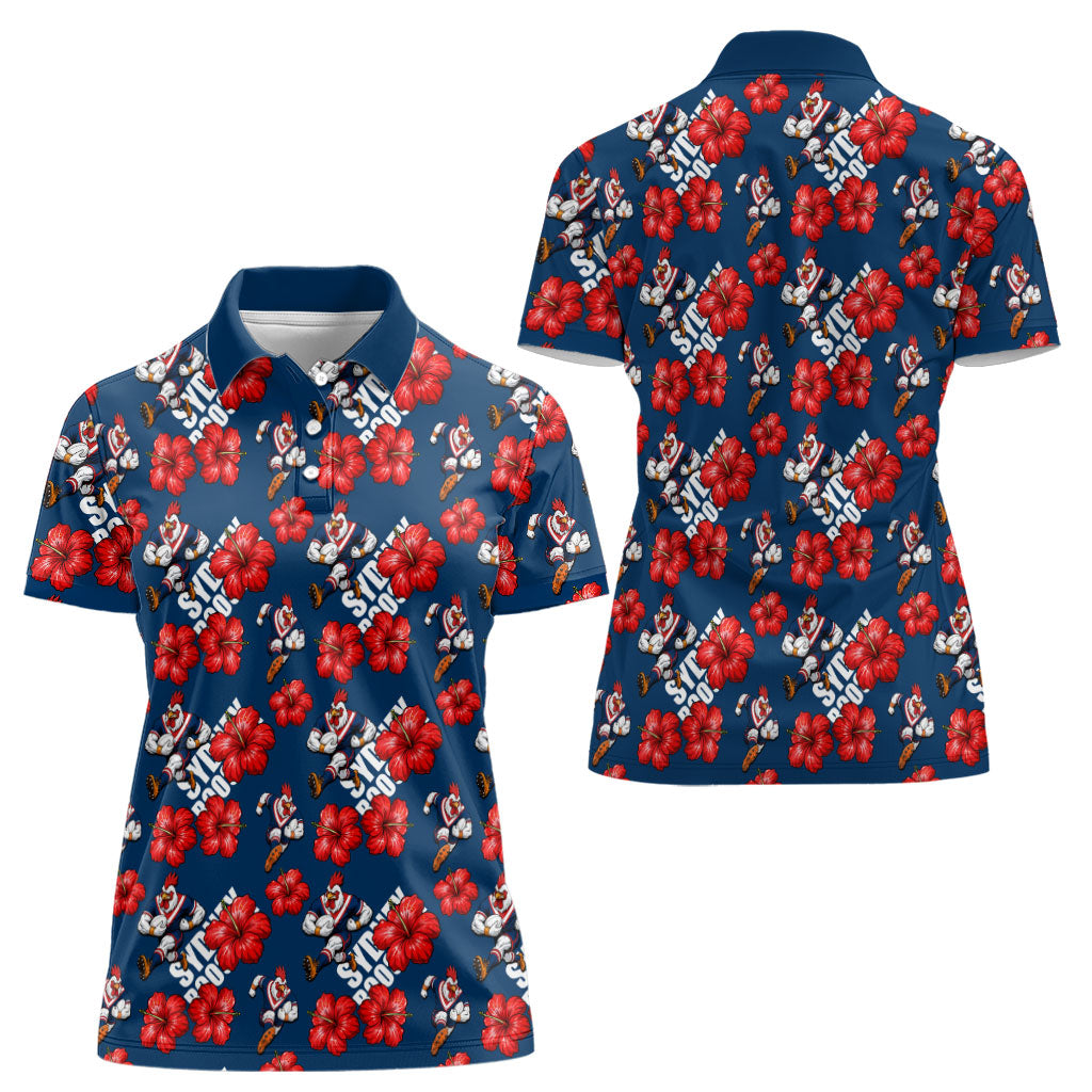 Sydney Roosters Women Polo Shirt Tropical Hibiscus Floral Seamless Rugby Mascot