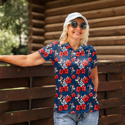Sydney Roosters Women Polo Shirt Tropical Hibiscus Floral Seamless Rugby Mascot