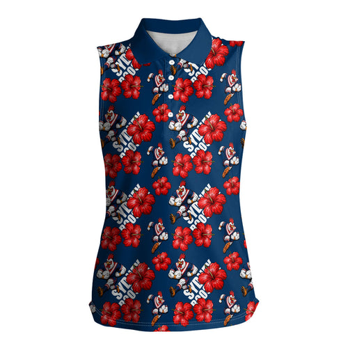 Sydney Roosters Women Sleeveless Polo Shirt Tropical Hibiscus Floral Seamless Rugby Mascot
