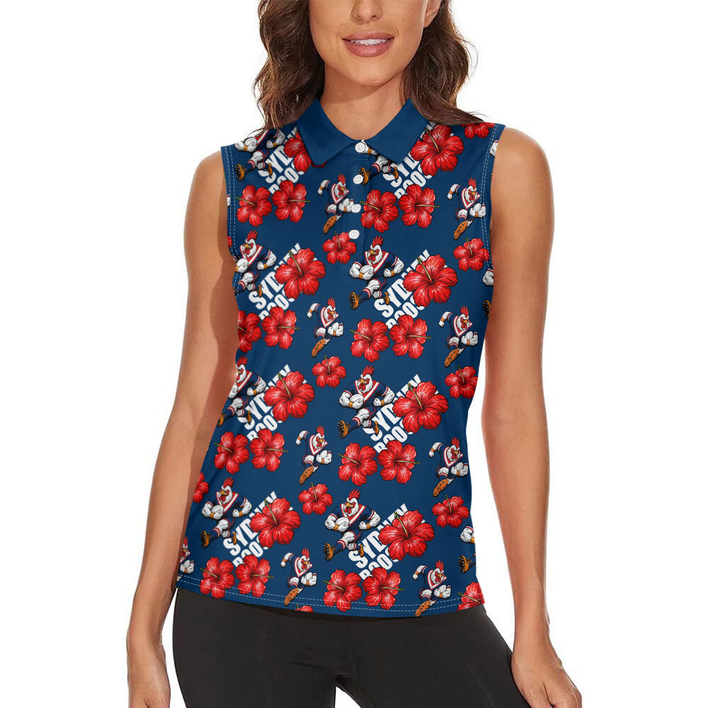 Sydney Roosters Women Sleeveless Polo Shirt Tropical Hibiscus Floral Seamless Rugby Mascot