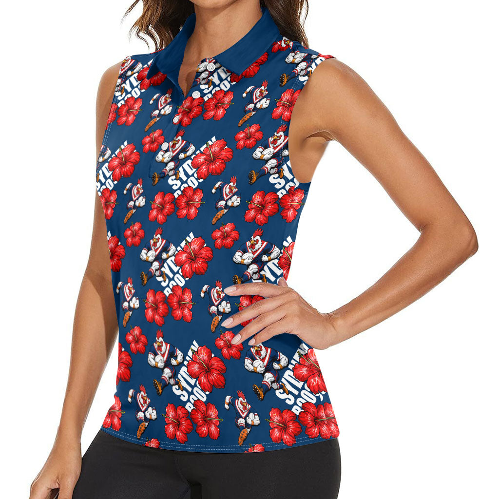Sydney Roosters Women Sleeveless Polo Shirt Tropical Hibiscus Floral Seamless Rugby Mascot