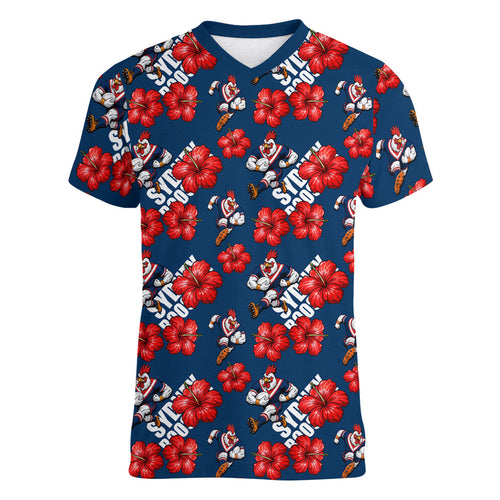 Sydney Roosters Women V-Neck T-Shirt Tropical Hibiscus Floral Seamless Rugby Mascot
