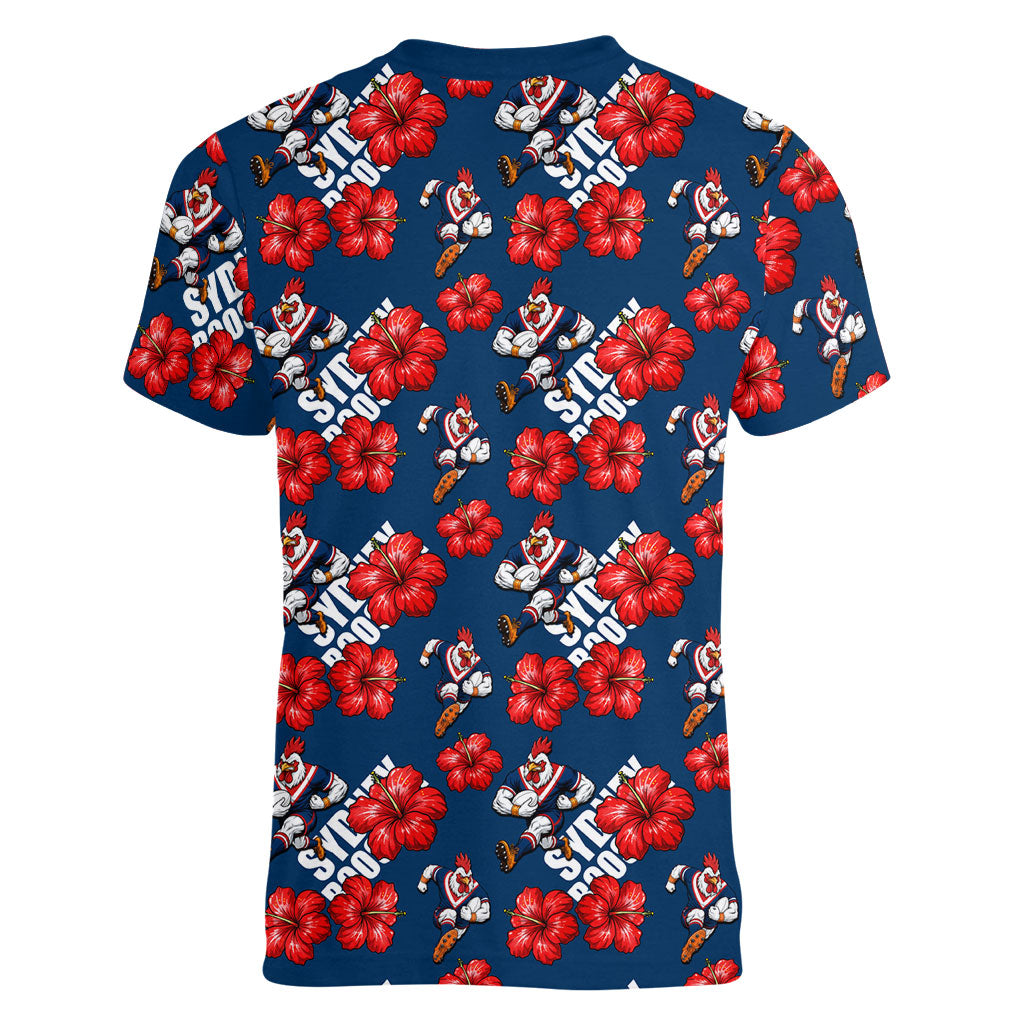 Sydney Roosters Women V-Neck T-Shirt Tropical Hibiscus Floral Seamless Rugby Mascot
