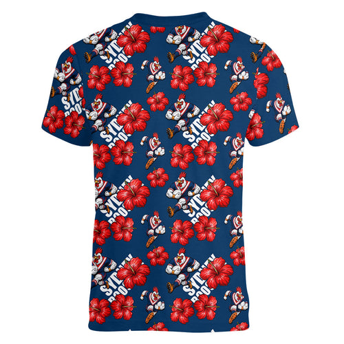 Sydney Roosters Women V-Neck T-Shirt Tropical Hibiscus Floral Seamless Rugby Mascot