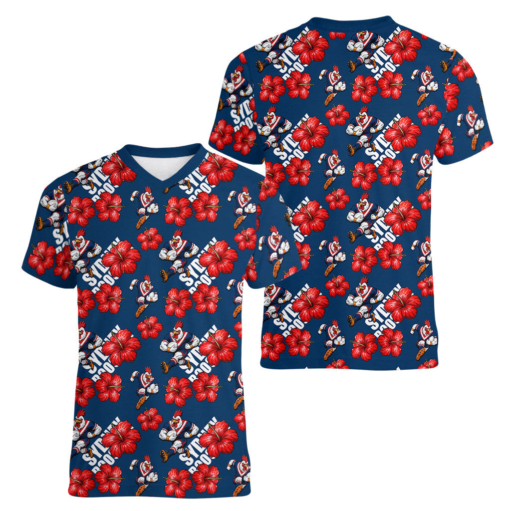 Sydney Roosters Women V-Neck T-Shirt Tropical Hibiscus Floral Seamless Rugby Mascot