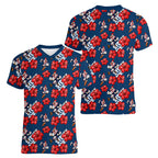 Sydney Roosters Women V-Neck T-Shirt Tropical Hibiscus Floral Seamless Rugby Mascot