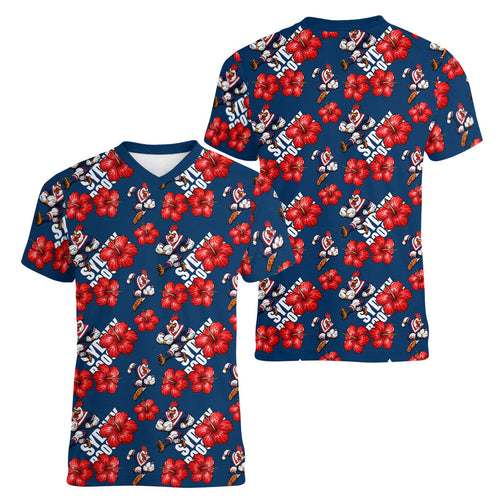 Sydney Roosters Women V-Neck T-Shirt Tropical Hibiscus Floral Seamless Rugby Mascot