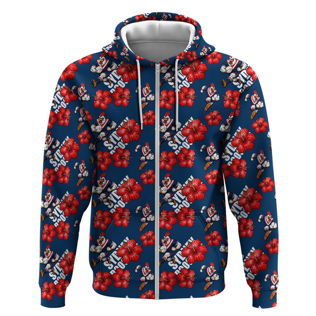 Sydney Roosters Zip Hoodie Tropical Hibiscus Floral Seamless Rugby Mascot