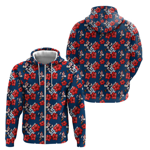 Sydney Roosters Zip Hoodie Tropical Hibiscus Floral Seamless Rugby Mascot
