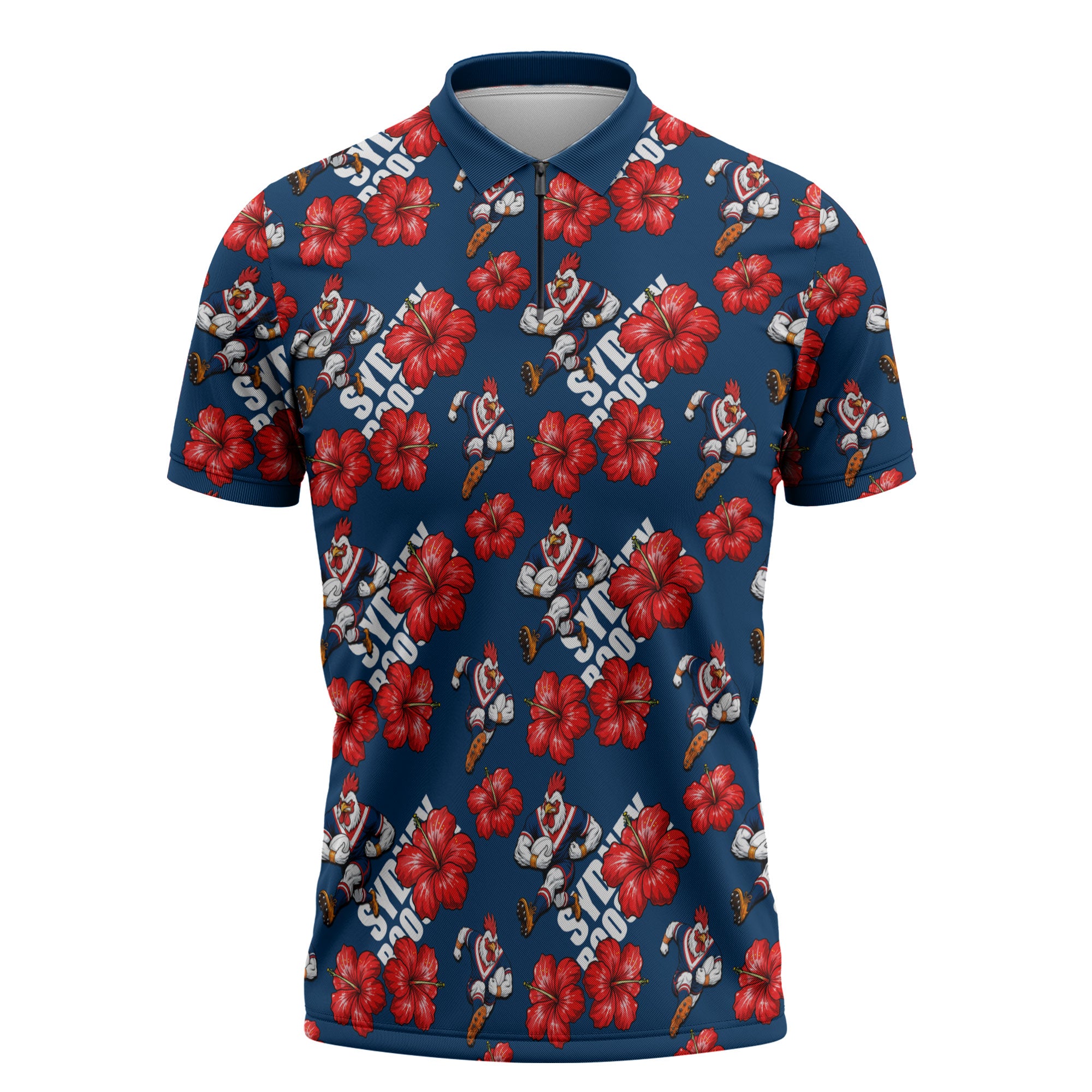 Sydney Roosters Zipper Polo Shirt Tropical Hibiscus Floral Seamless Rugby Mascot