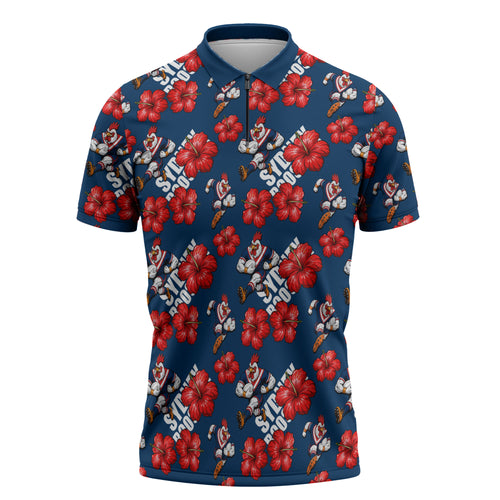 Sydney Roosters Zipper Polo Shirt Tropical Hibiscus Floral Seamless Rugby Mascot