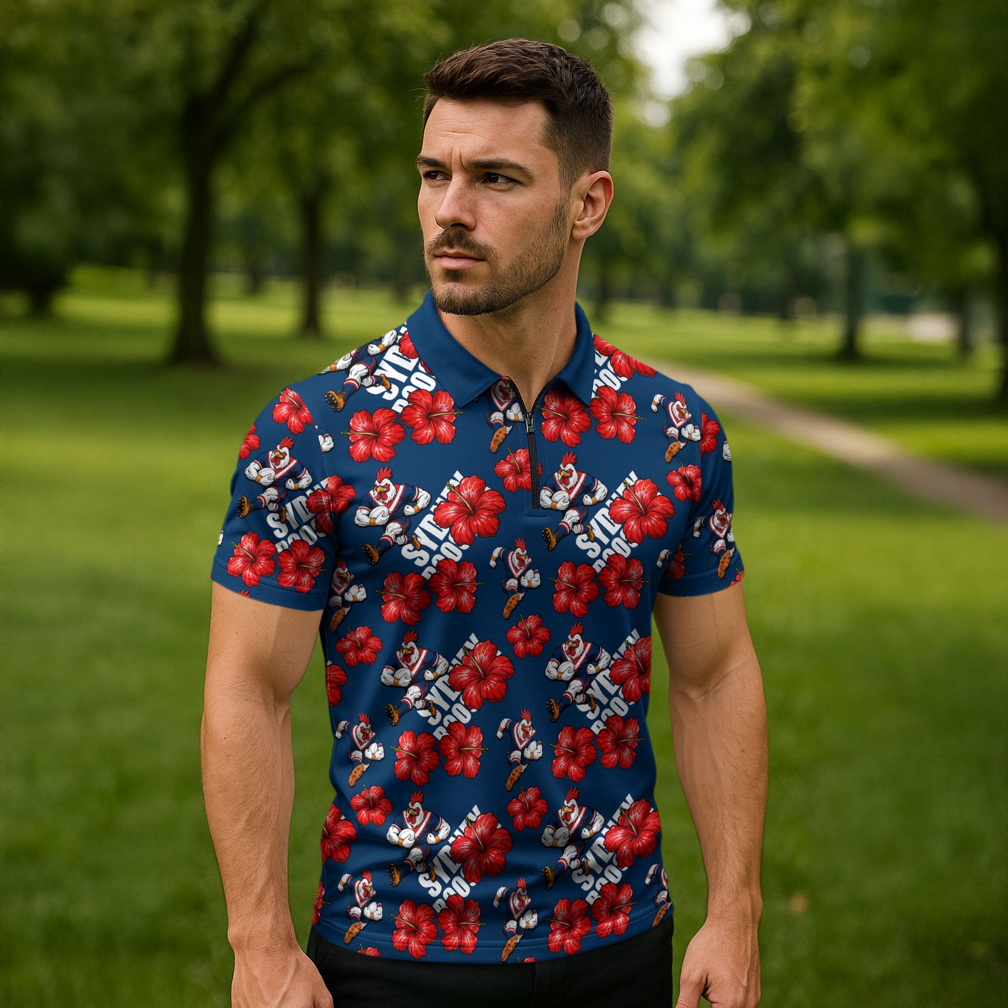 Sydney Roosters Zipper Polo Shirt Tropical Hibiscus Floral Seamless Rugby Mascot