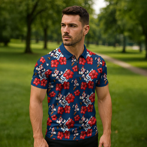 Sydney Roosters Zipper Polo Shirt Tropical Hibiscus Floral Seamless Rugby Mascot