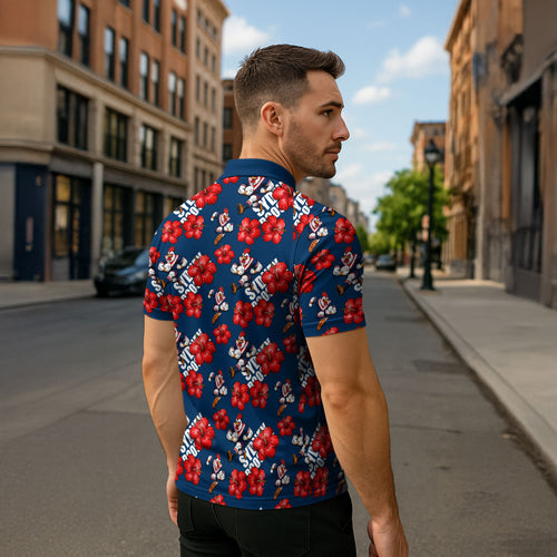 Sydney Roosters Zipper Polo Shirt Tropical Hibiscus Floral Seamless Rugby Mascot