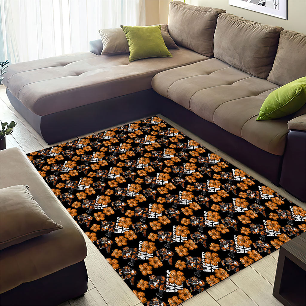 Wests Tigers Area Rug Tropical Hibiscus Floral Seamless Rugby Mascot