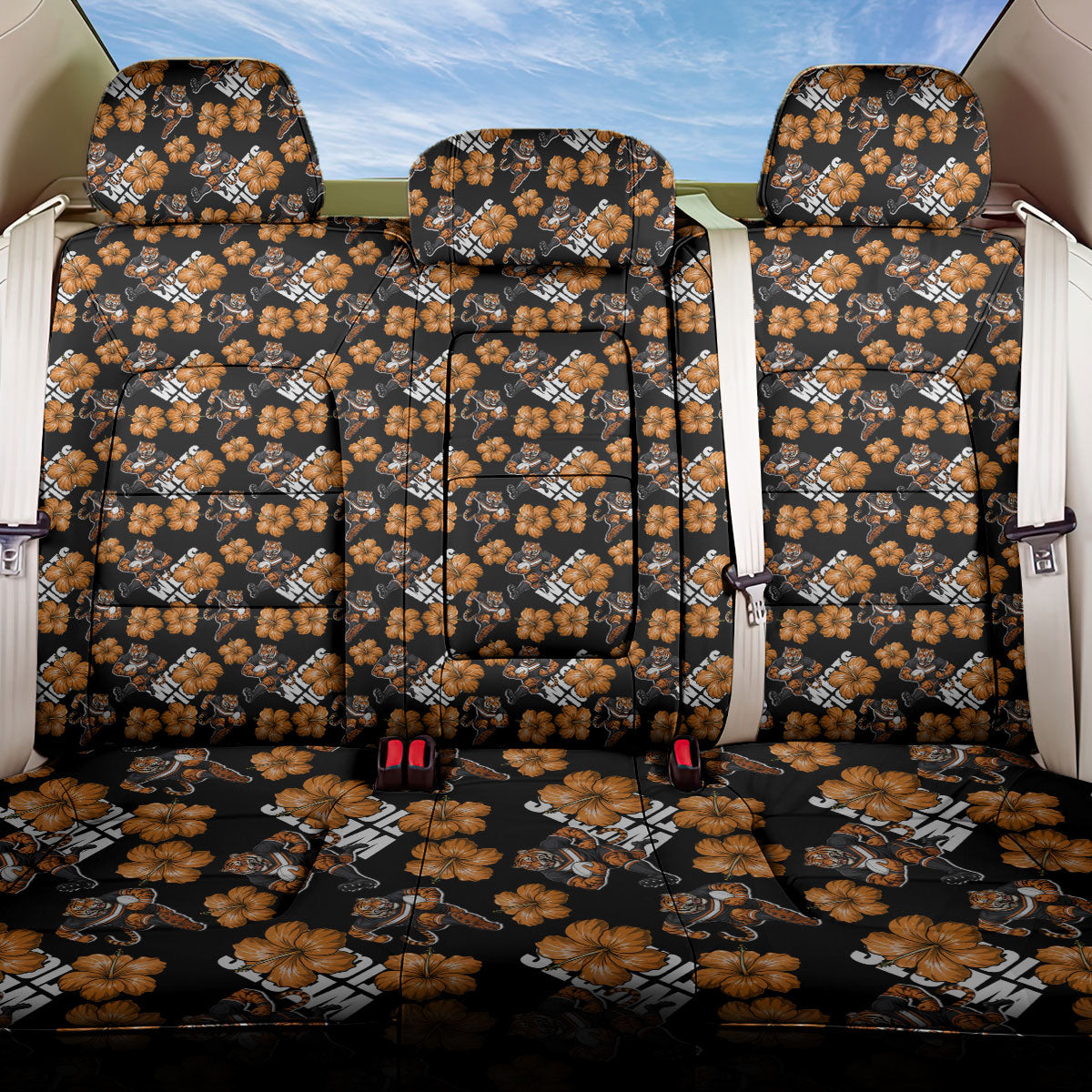 Wests Tigers Back Car Seat Cover Tropical Hibiscus Floral Seamless Rugby Mascot
