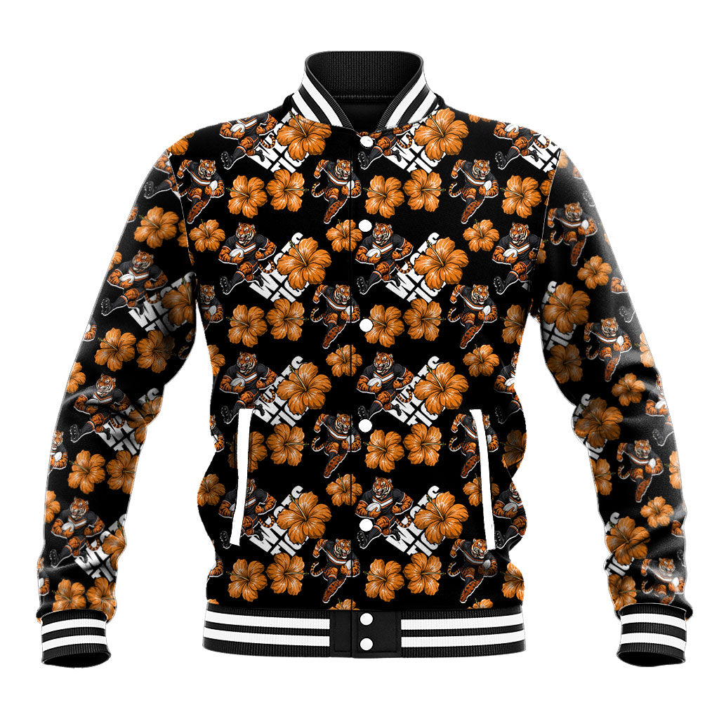 Wests Tigers Baseball Jacket Tropical Hibiscus Floral Seamless Rugby Mascot