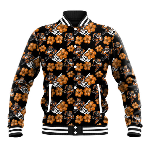 Wests Tigers Baseball Jacket Tropical Hibiscus Floral Seamless Rugby Mascot