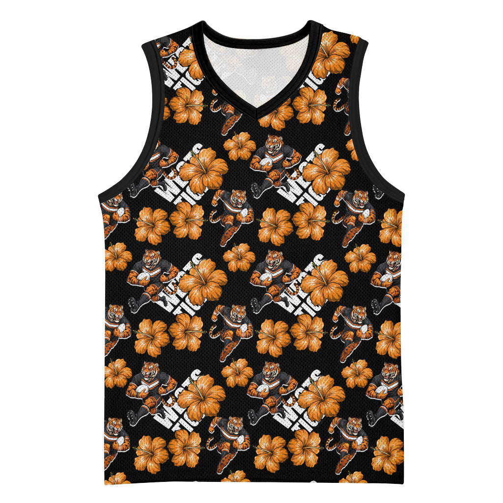 Wests Tigers Basketball Jersey Tropical Hibiscus Floral Seamless Rugby Mascot