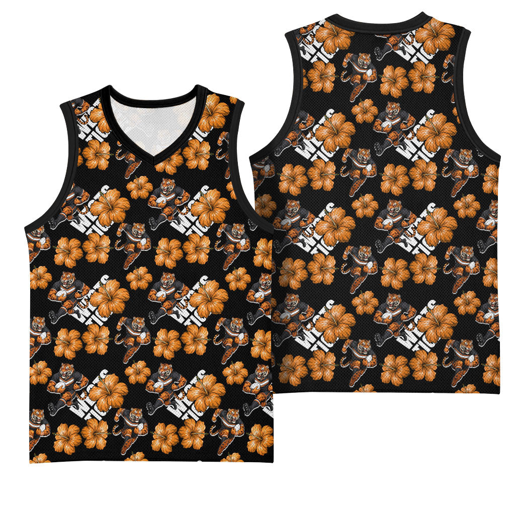 Wests Tigers Basketball Jersey Tropical Hibiscus Floral Seamless Rugby Mascot