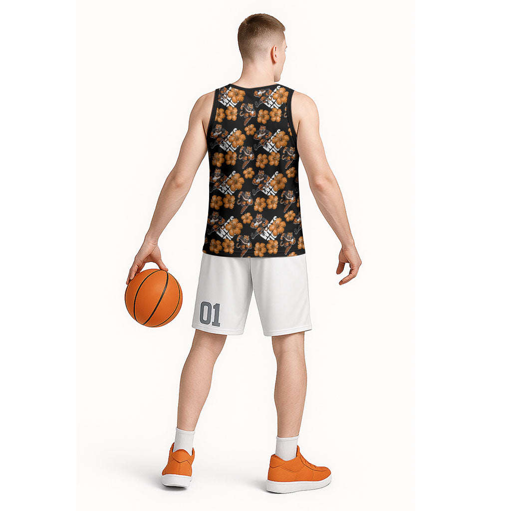 Wests Tigers Basketball Jersey Tropical Hibiscus Floral Seamless Rugby Mascot