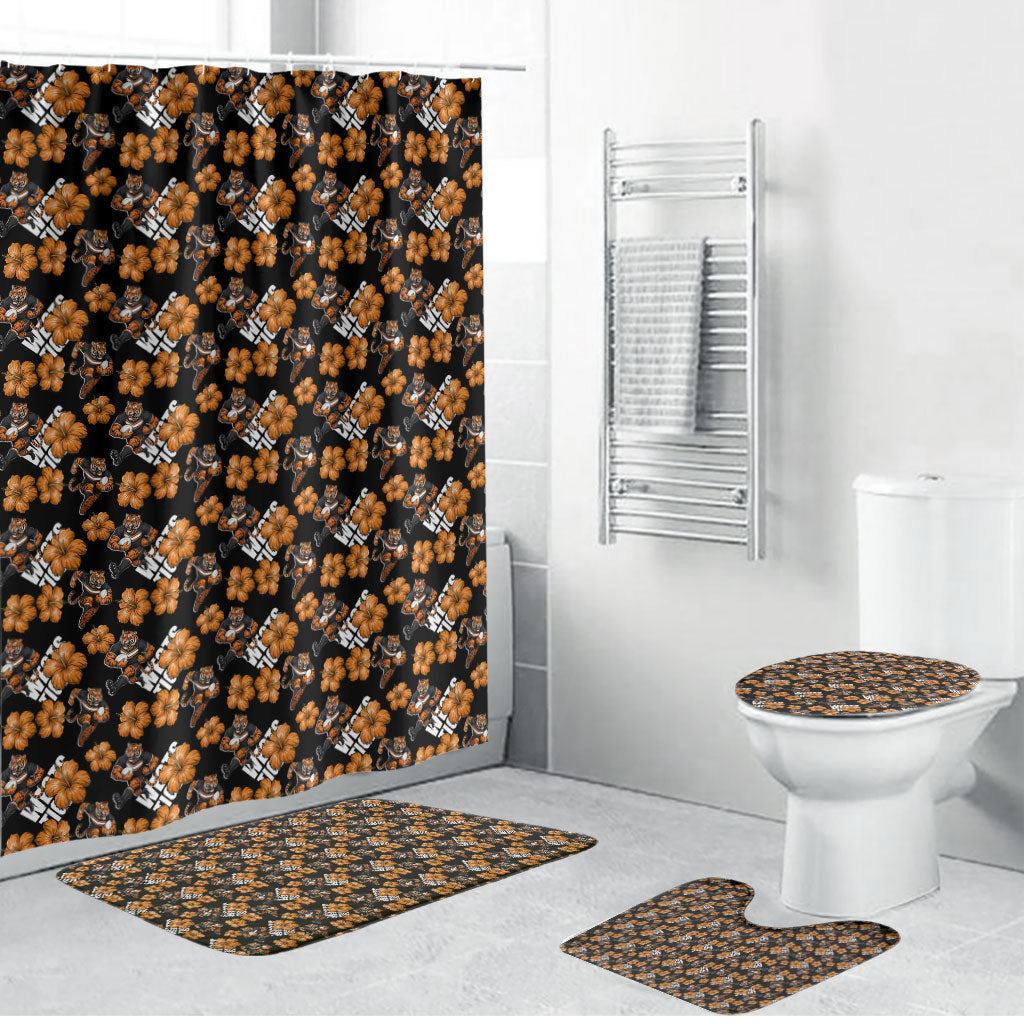 Wests Tigers Bathroom Set Tropical Hibiscus Floral Seamless Rugby Mascot