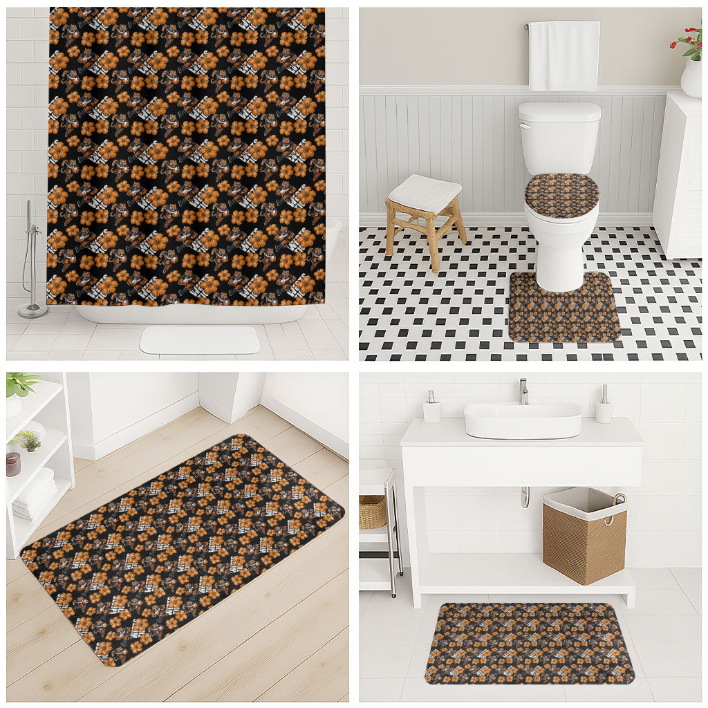 Wests Tigers Bathroom Set Tropical Hibiscus Floral Seamless Rugby Mascot