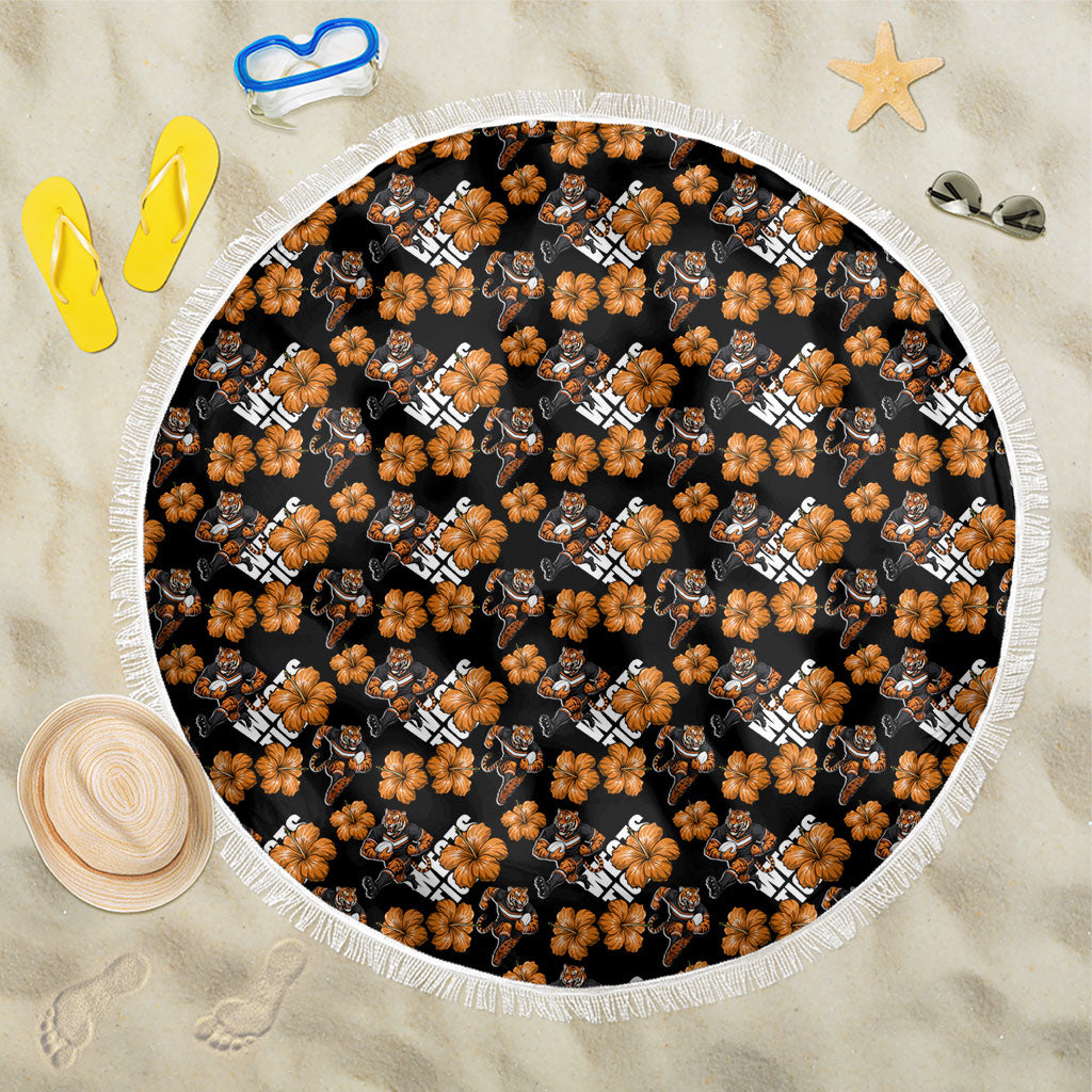 Wests Tigers Beach Blanket Tropical Hibiscus Floral Seamless Rugby Mascot