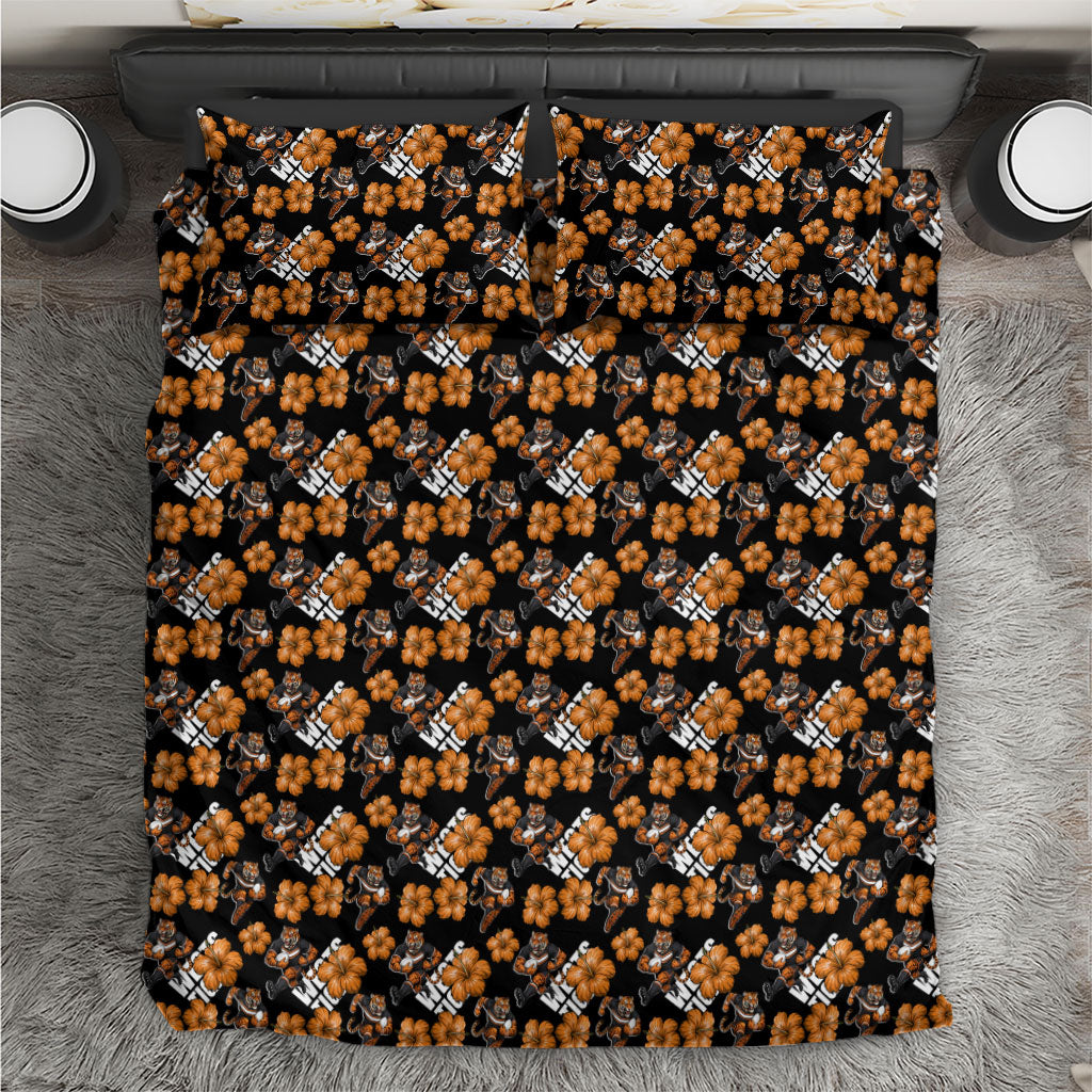 Wests Tigers Bedding Set Tropical Hibiscus Floral Seamless Rugby Mascot