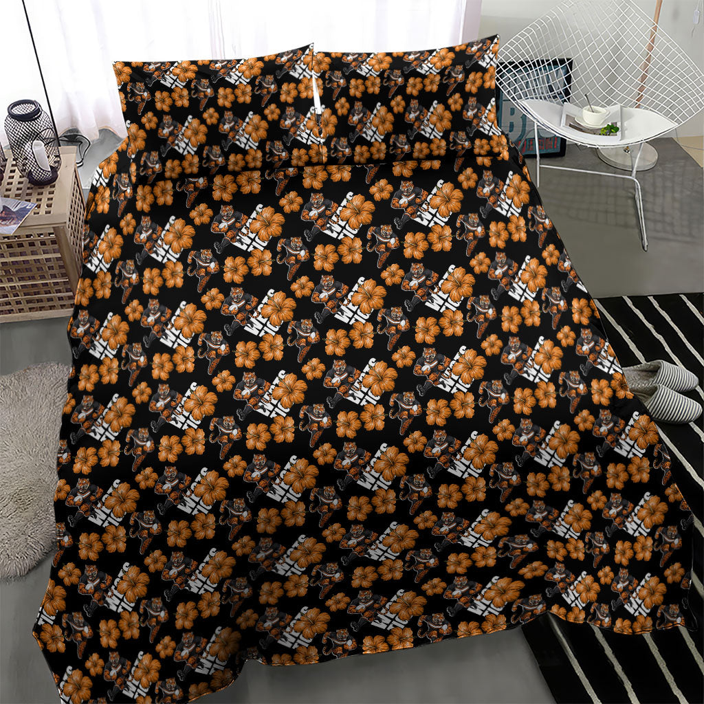 Wests Tigers Bedding Set Tropical Hibiscus Floral Seamless Rugby Mascot